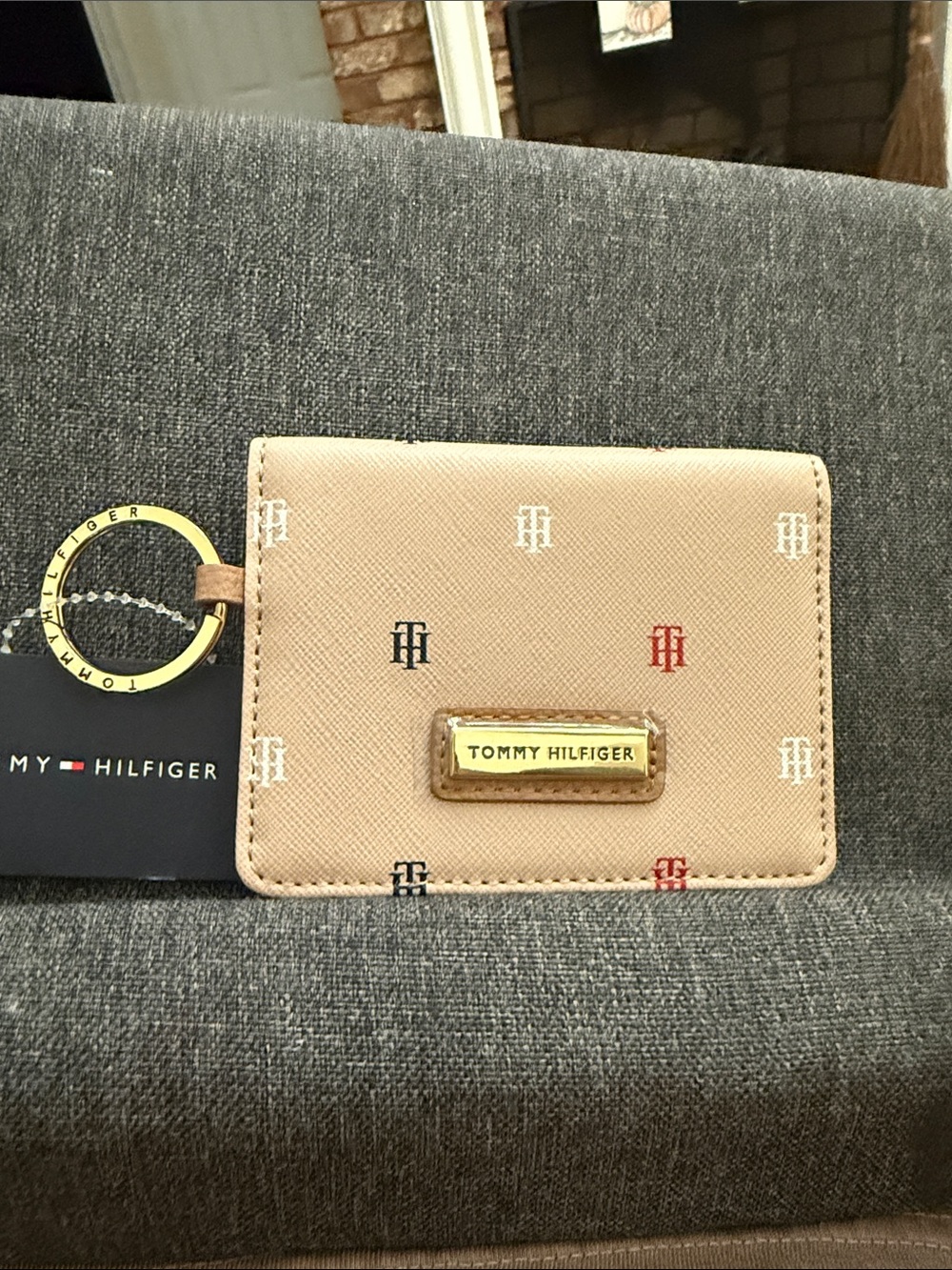 Tommy Hilfiger Beige Monogram Card Holder with Gold Plaque